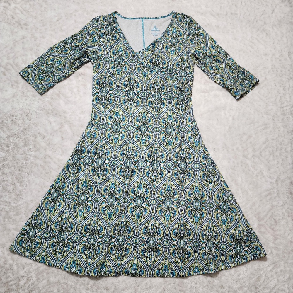 Prana Nadia Veeda Dress Womens Sz S Paisley Faux Wrap Stretch Outdoor Hiking